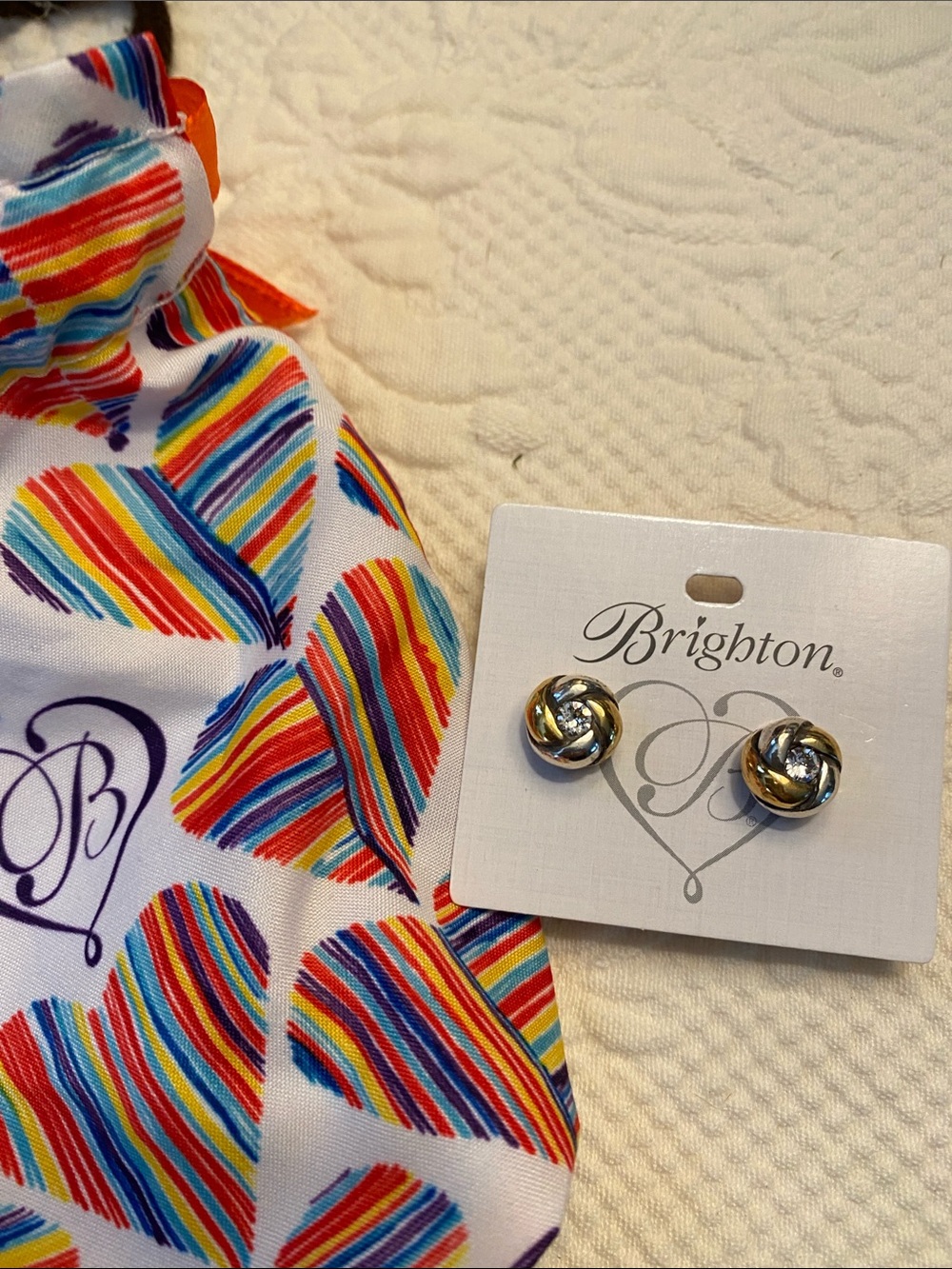 Brighton Gold and Silver Knot Stud Earrings with Rainbow Heart Scarf